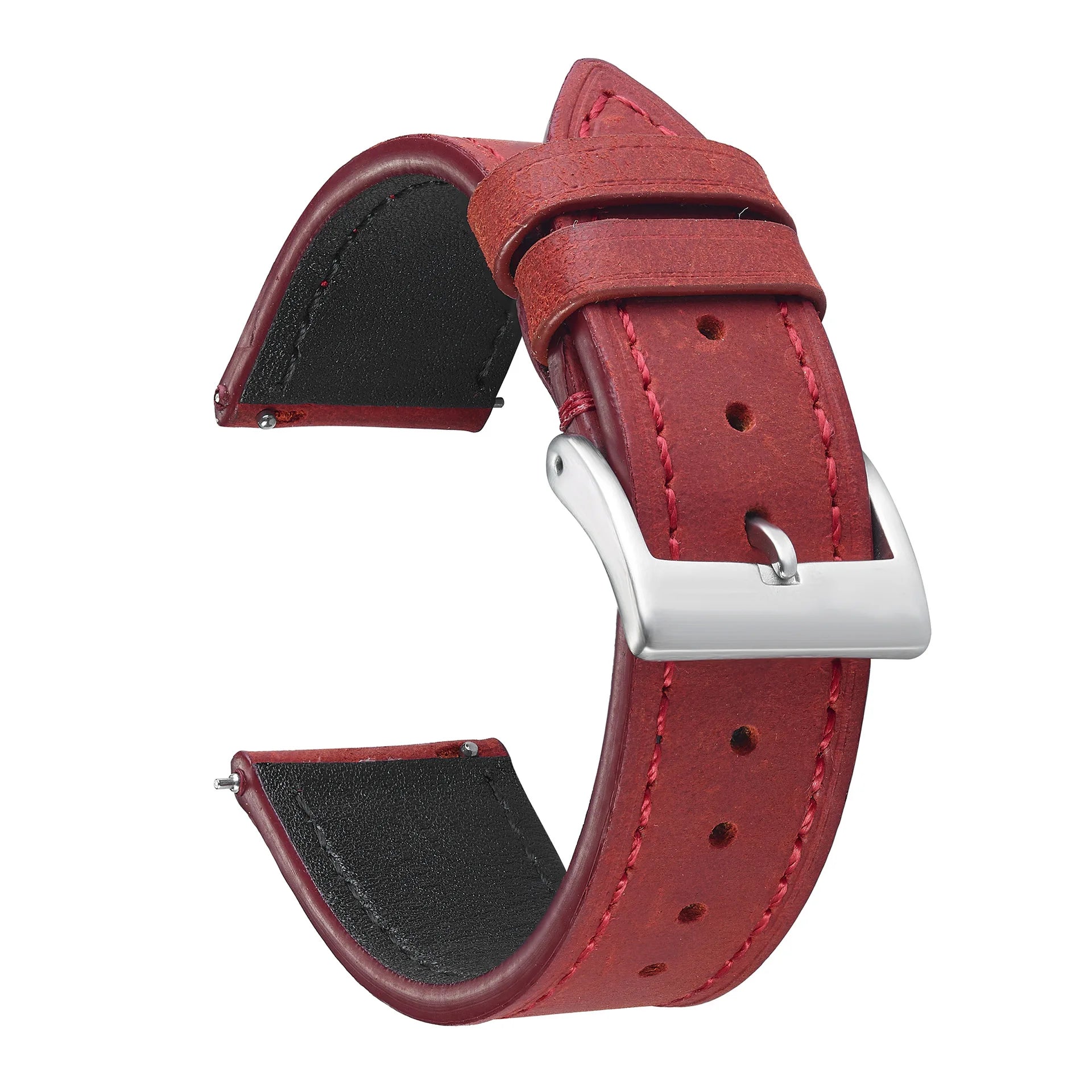 Red Classic Leather Watch Strap with Quick Release and Silver Buckle