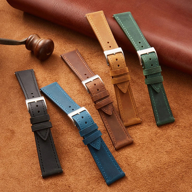 Classic Leather Watch Strap with Quick Release and Silver Pin Buckle