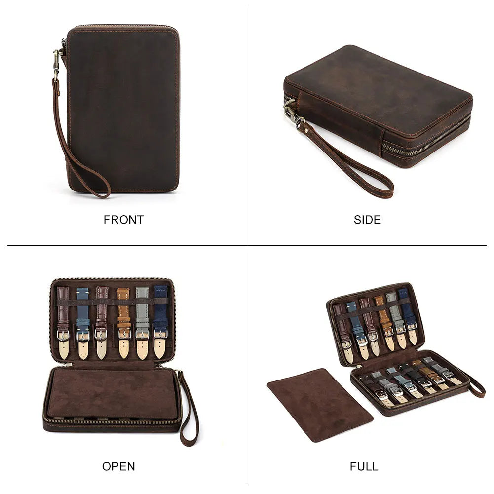 Leather Watch Strap Storage Case with Velvet Interior — 12 Straps