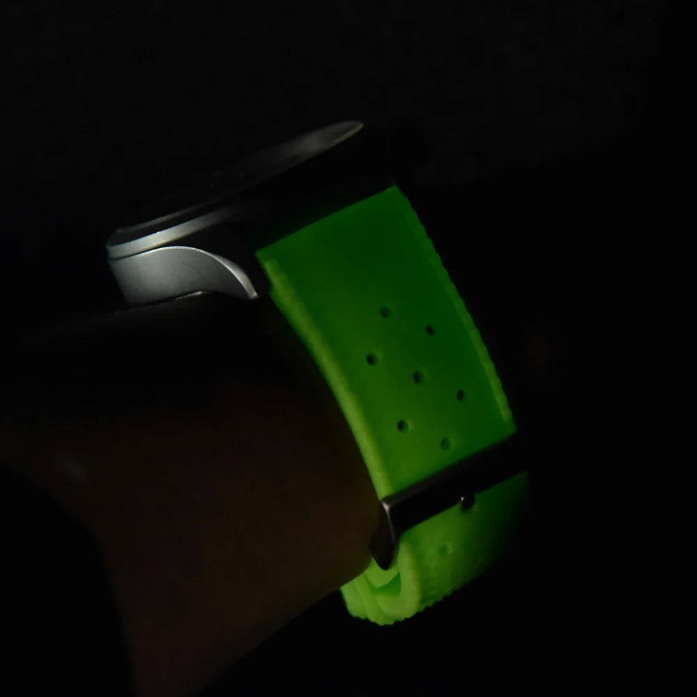 Glow-in-the-Dark Luminous Rubber Watch Strap with Brushed Silver Pin Buckle