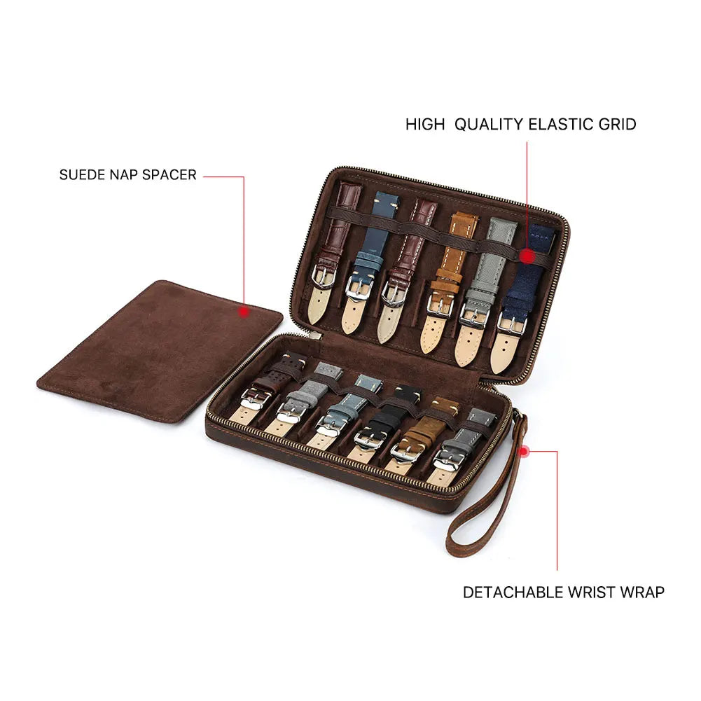 Leather Watch Strap Storage Case with Velvet Interior — 12 Straps