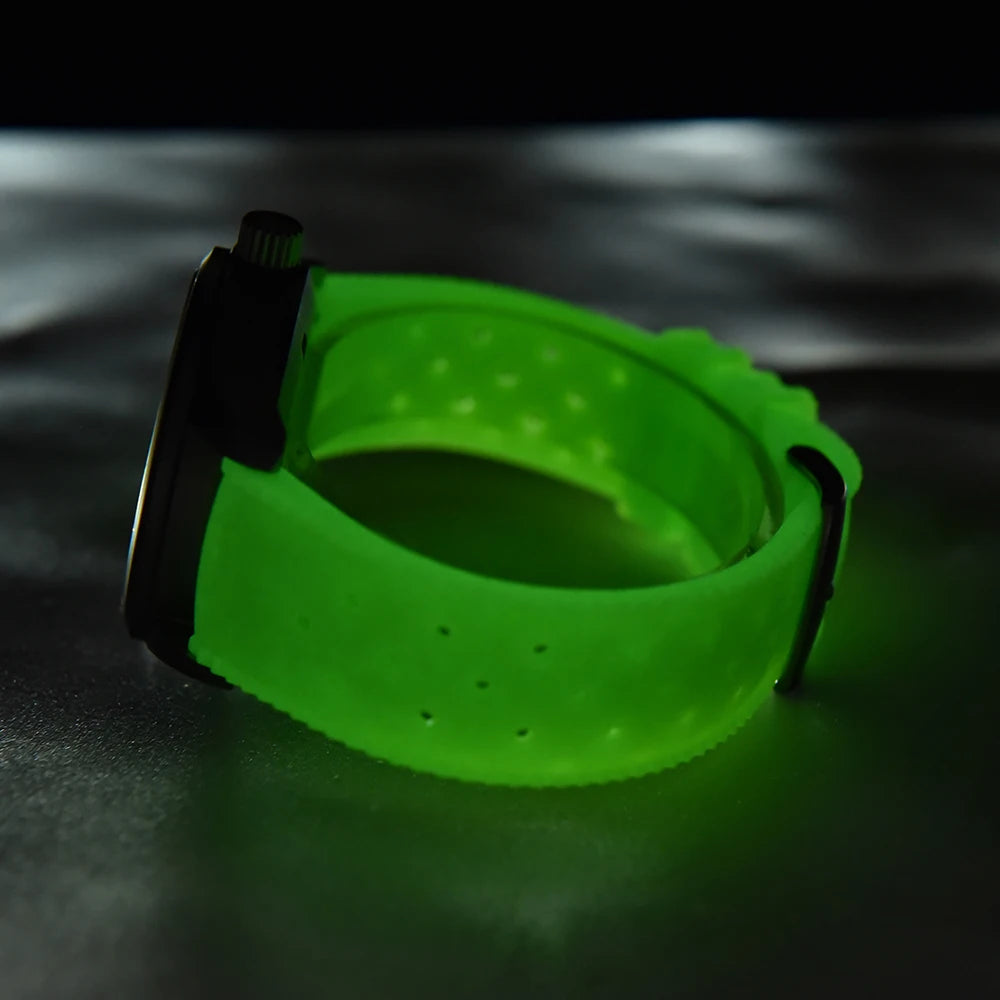 Glow-in-the-Dark Luminous Rubber Watch Strap with Brushed Silver Pin Buckle