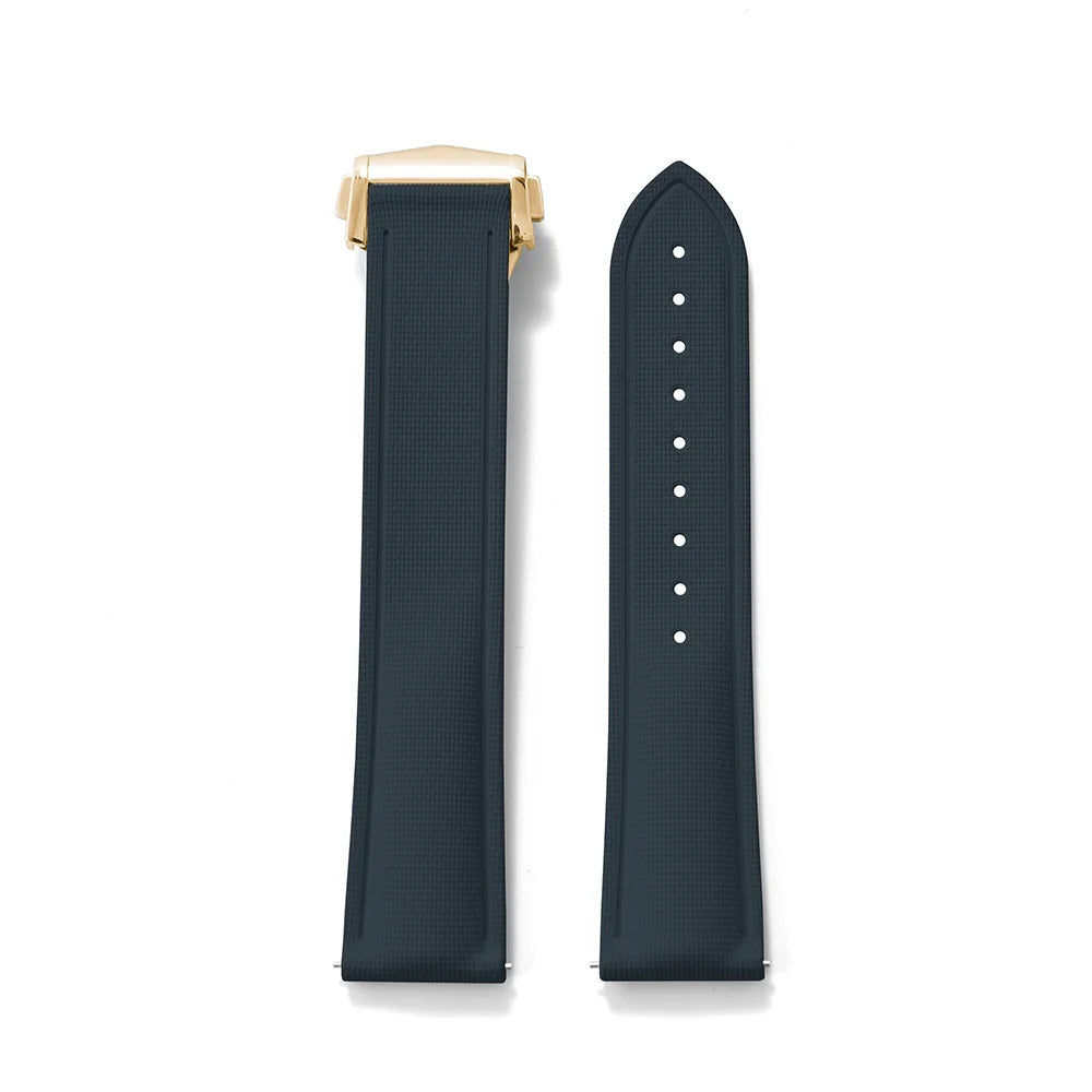 Soft Premium Grade FKM Rubber Strap with Quick Release Deployment Clasp Dark Blue with Gold Clasp