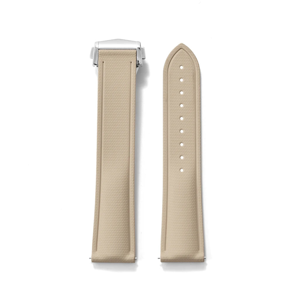 Soft Premium Grade FKM Rubber Strap with Quick Release Deployment Clasp Khaki with Silver Clasp