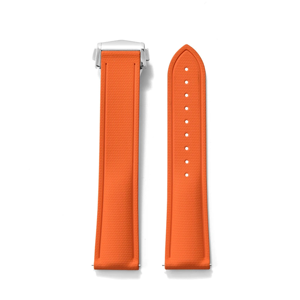 Soft Premium Grade FKM Rubber Strap with Quick Release Deployment Clasp Orange with Silver Clasp