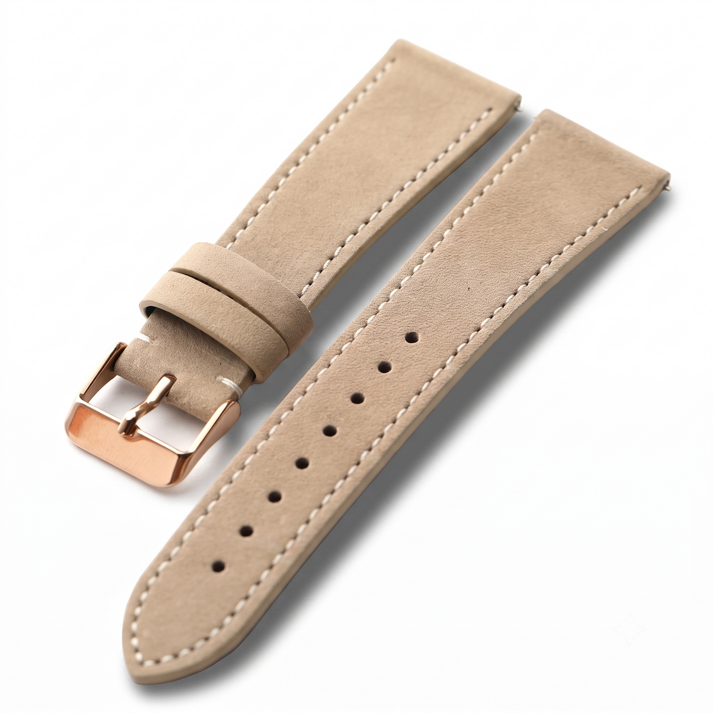A beige leather watch strap with a rose gold buckle, shown on a clean white background.