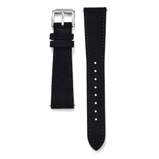 Suede Leather Black Watch Strap with Brushed Silver Pin Buckle