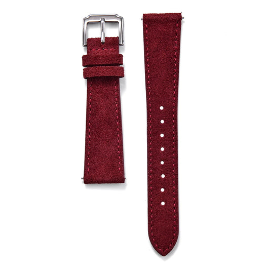 Suede Leather Burgundy Watch Strap with Brushed Silver Pin Buckle